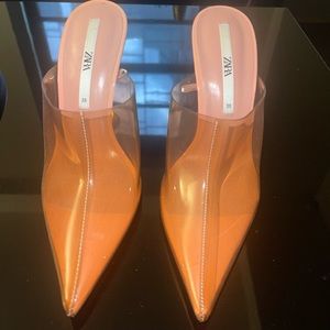 Blush lucite close toe pointy mules